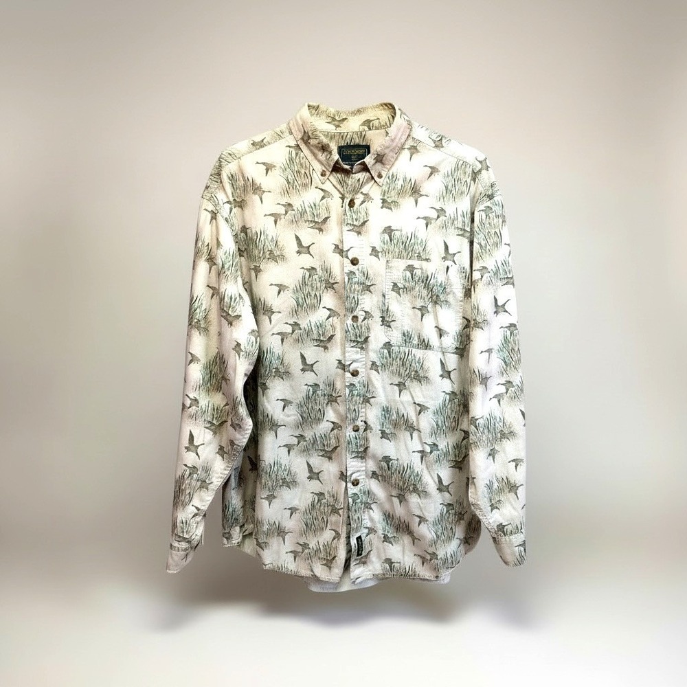 VTG Woolrich Duck Print Button-Up‎ Shirt Beige Long Sleeve Outdoorsy Hunting XL